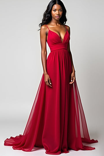Spaghetti rouge bretelles une ligne longue robe de demoiselle d’honneur